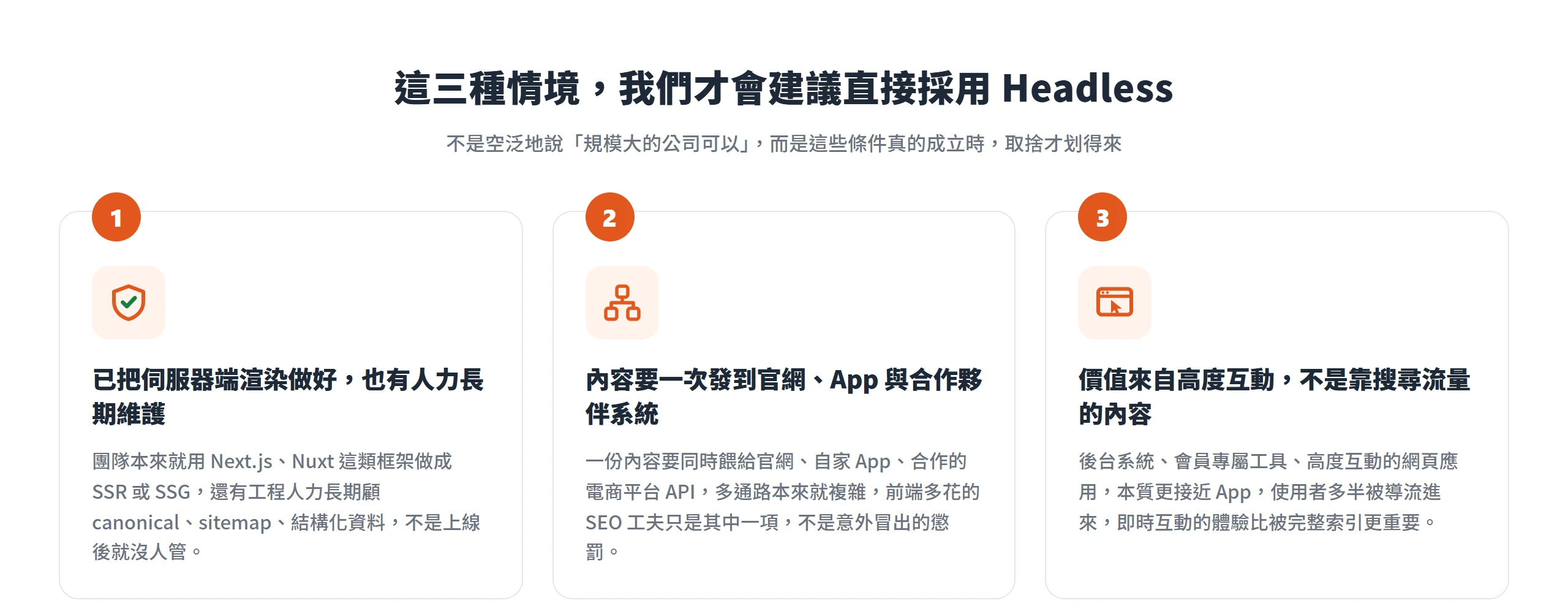 三種會建議直接採用 Headless 的情境:團隊已把 SSR 或 SSG 做好且有人力長期維護 canonical 與 sitemap、內容要一次發到官網 App 與合作夥伴系統、網站價值來自高度互動而非自然搜尋流量。