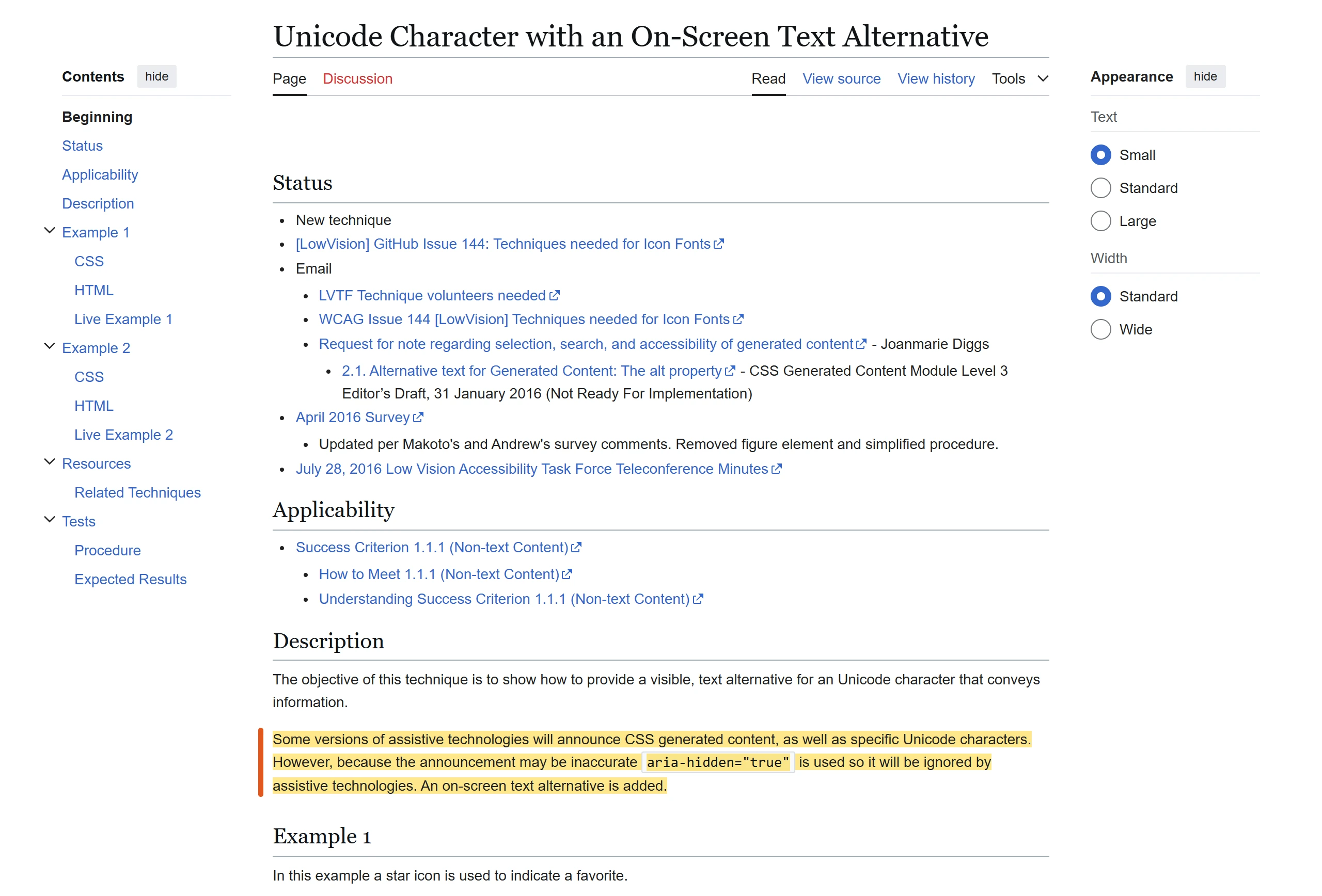 W3C WCAG 工作小組技術維基說明:輔助技術報讀 Unicode 字元可能不準確,做法是以 aria-hidden 隱藏並加上畫面上可見的文字說明