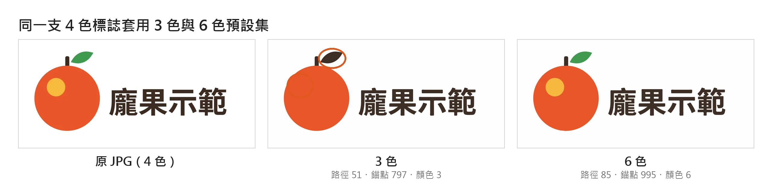 Illustrator 影像描圖用 3 色與 6 色預設集描同一支 4 色示範標誌的結果對照