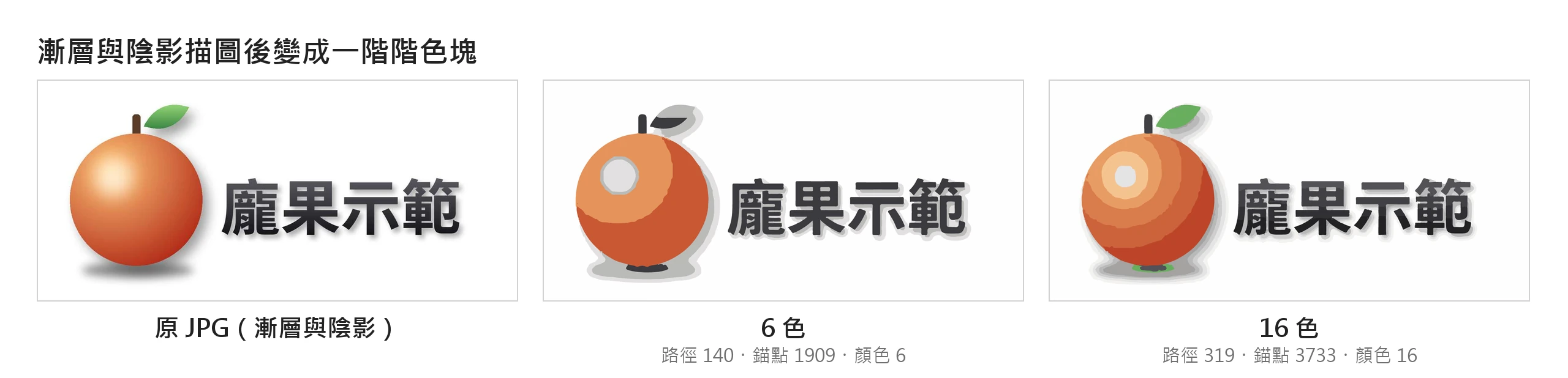 含漸層與陰影的示範標誌用 6 色與 16 色預設集描圖,出現一圈圈色階