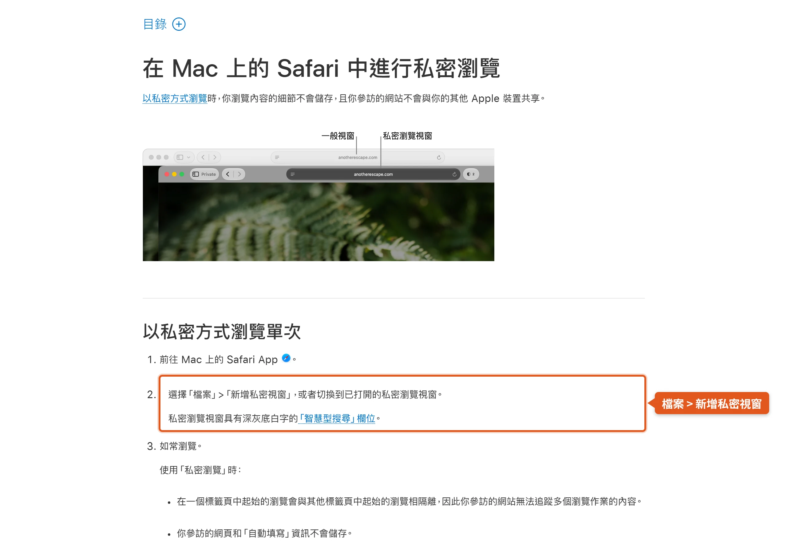 Apple Safari 使用手冊的私密瀏覽頁,Mac 上選「檔案」>「新增私密視窗」,私密視窗的智慧型搜尋欄位是深灰底白字