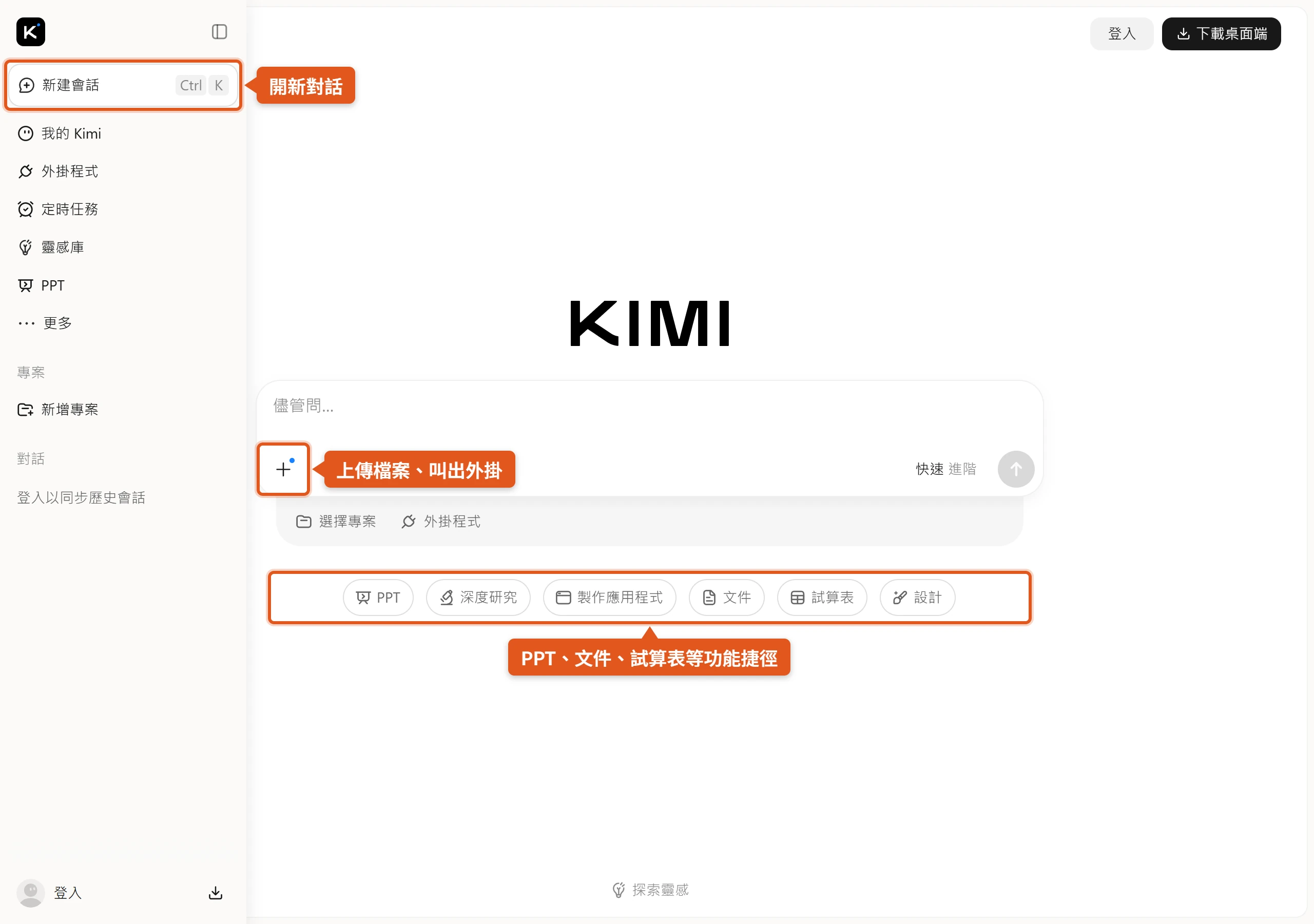 kimi.ai 首頁左側選單可開新對話,輸入框的「+」用來上傳檔案與叫出外掛,下方一排是各功能捷徑