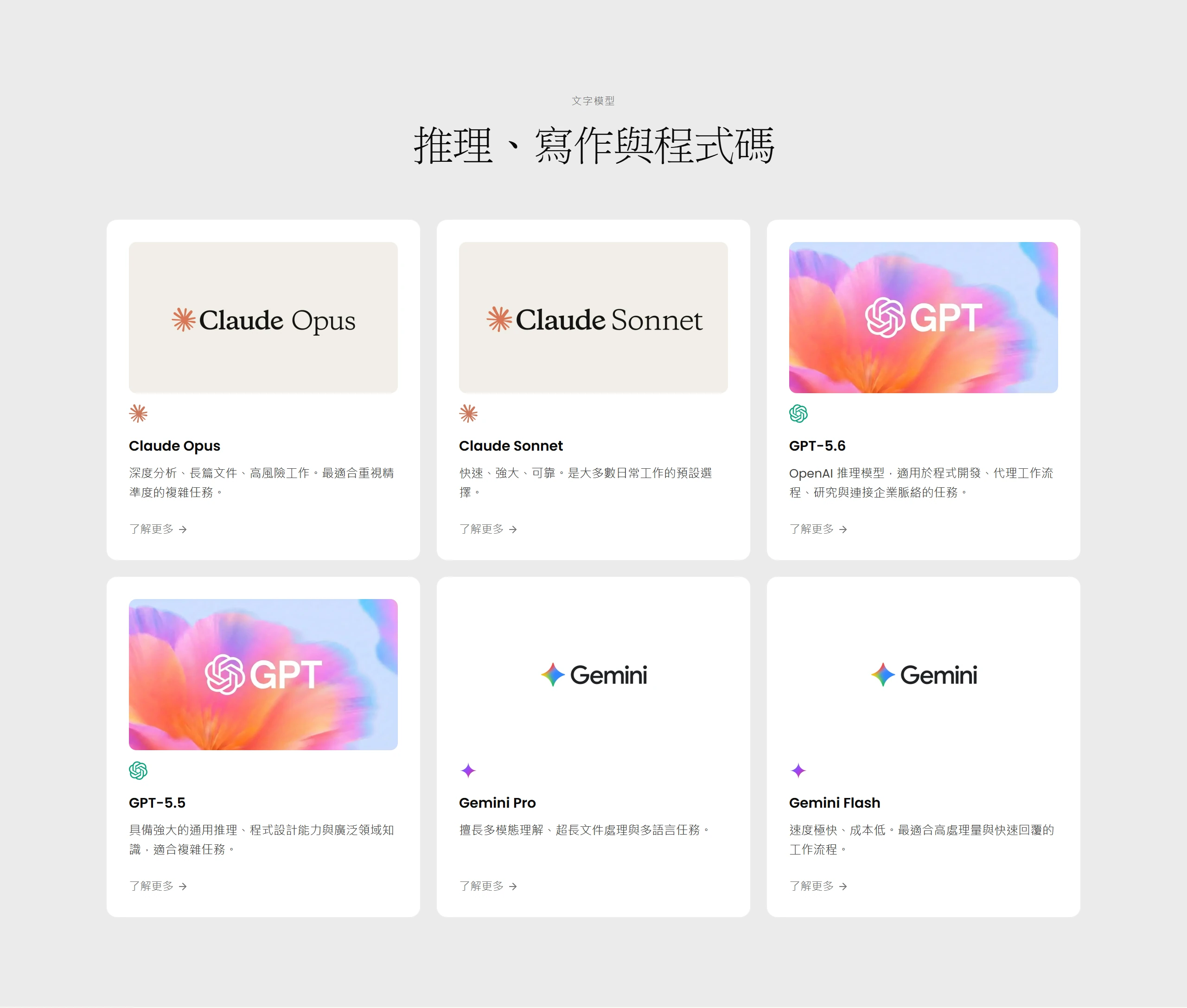 Kuse 模型頁的文字模型清單,涵蓋 Claude Opus、Claude Sonnet、GPT 系列、Gemini Pro 與 Gemini Flash