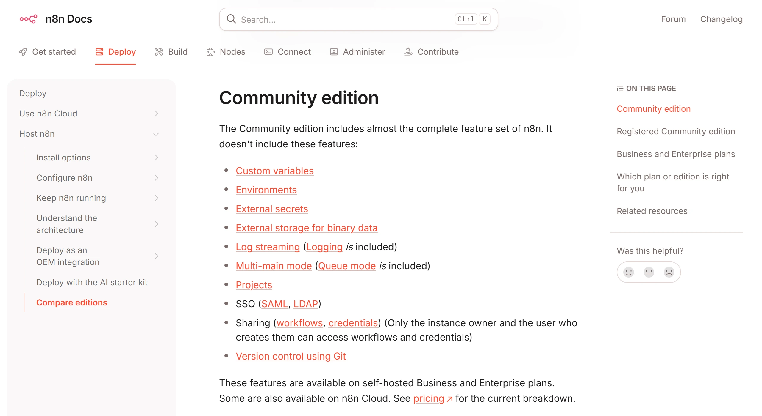 n8n 官方文件 Compare editions 頁列出 Community edition 不包含的功能,例如專案、SSO、Git 版本控制與外部密鑰