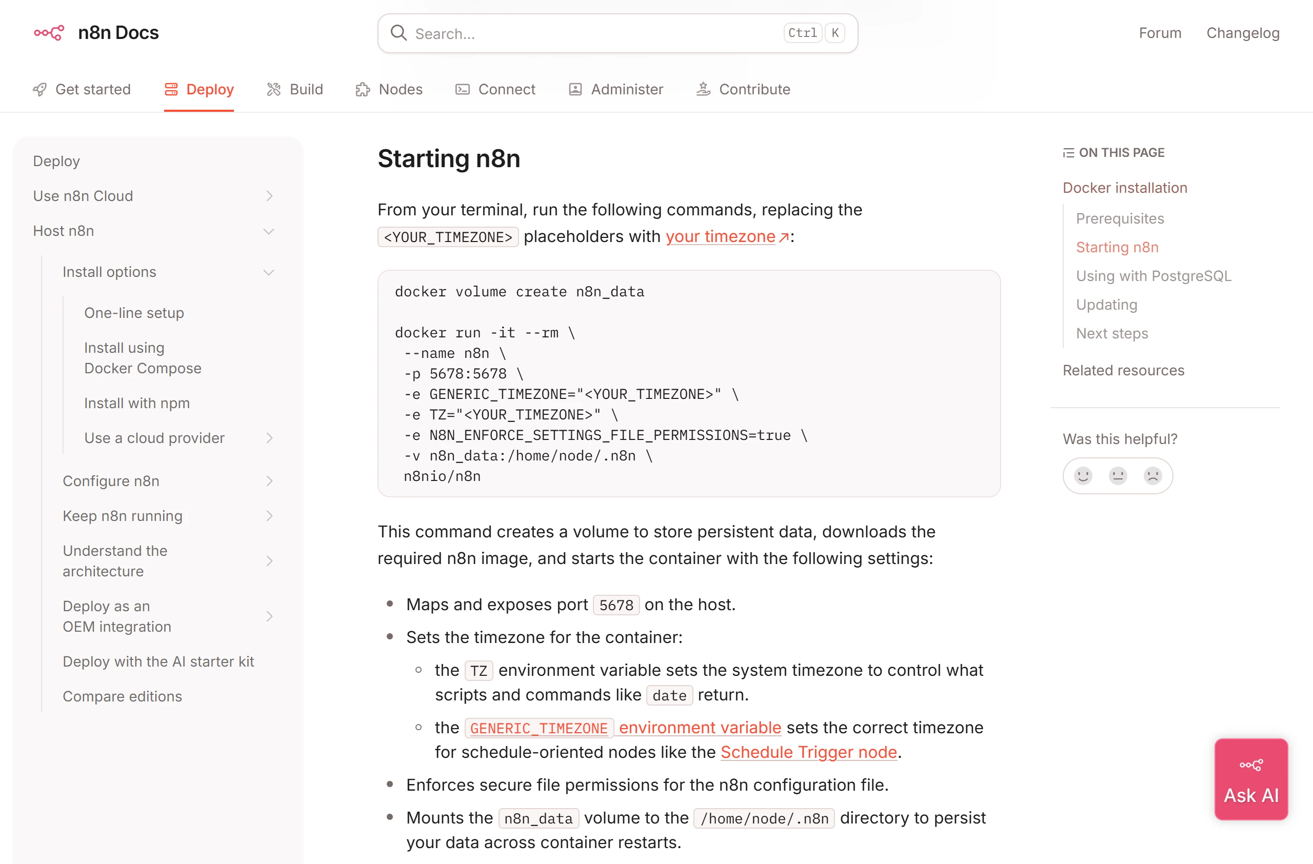 n8n 官方 Install with Docker 頁的 Starting n8n 指令,先建立 n8n_data 資料卷,再用 docker run 掛上 /home/node/.n8n 啟動
