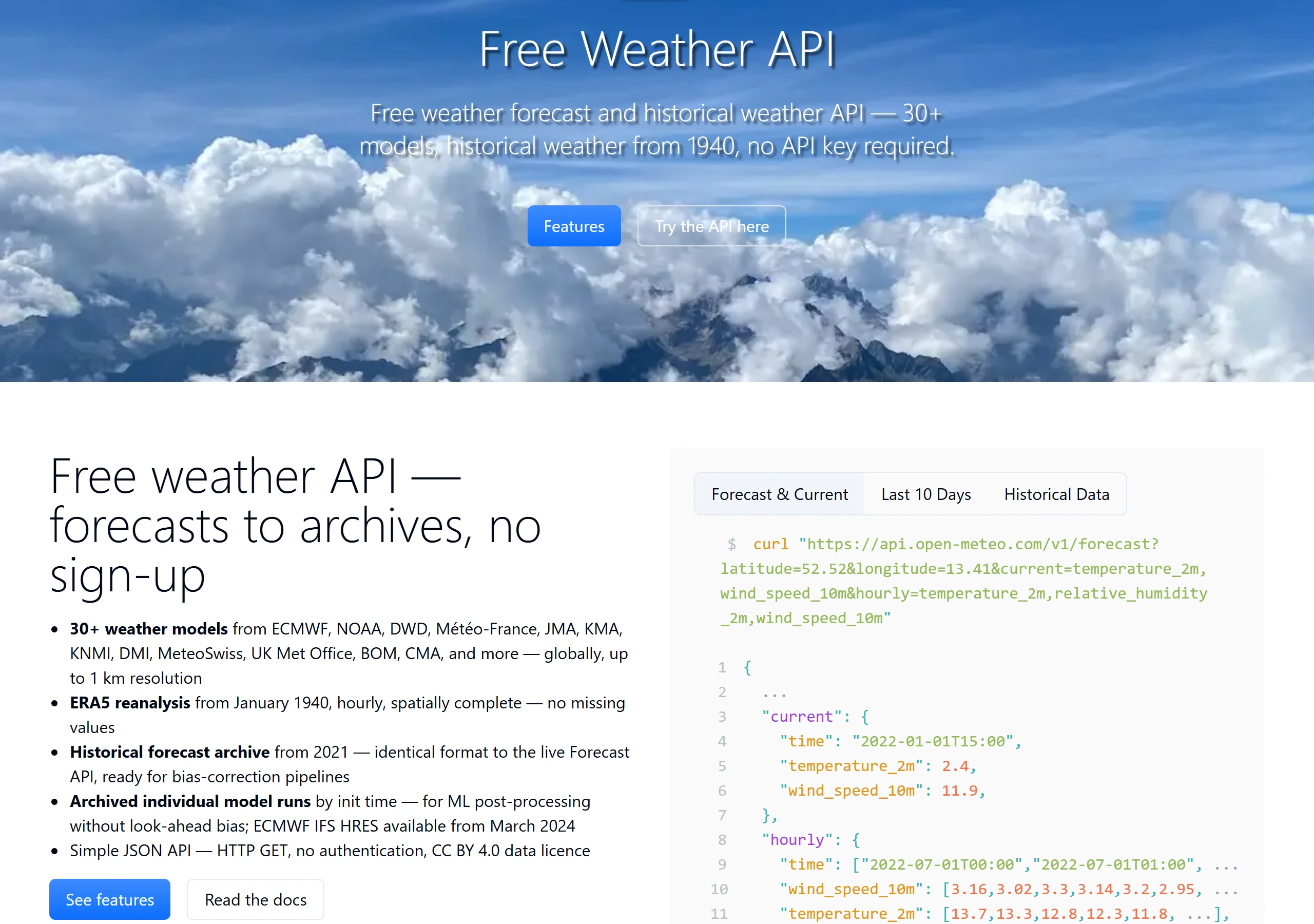 Open-Meteo 首頁標明 no API key required,範例回傳的 current 物件內含 temperature_2m 氣溫數值