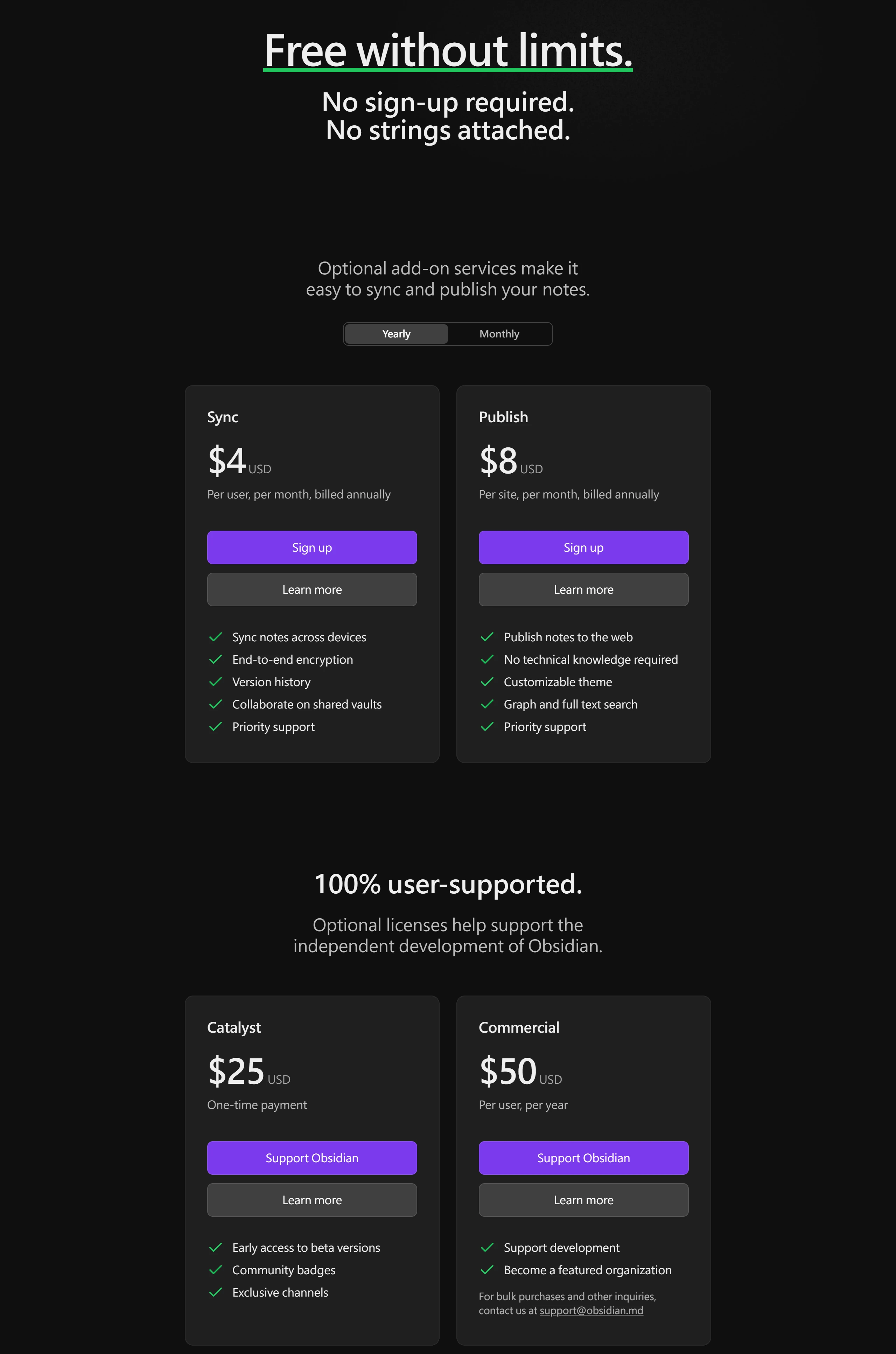 Obsidian 官方定價頁標示 App 免費,Sync、Publish 與 Catalyst、商業授權都是選配的付費項目