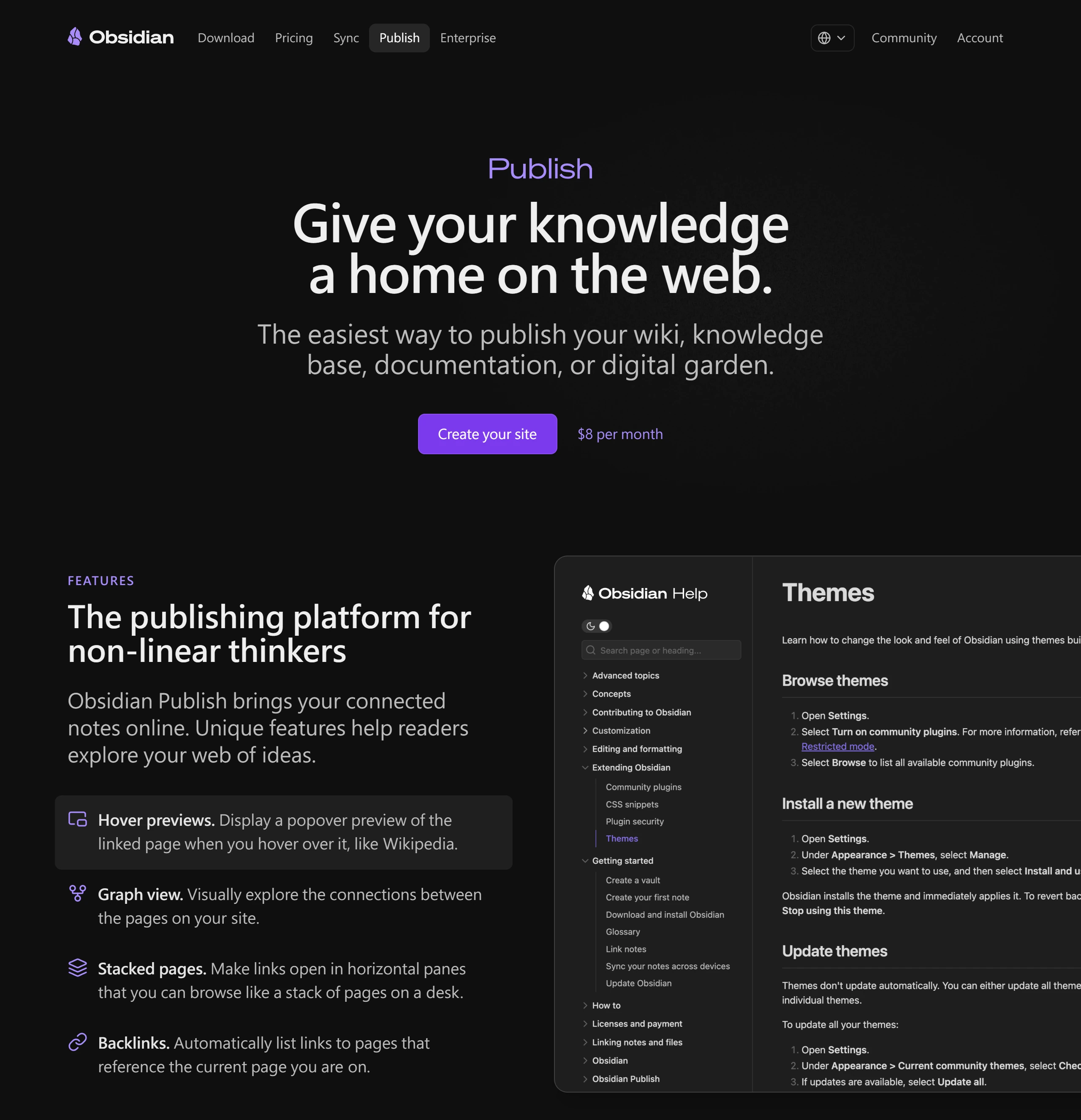 Obsidian Publish 官方頁說明可把筆記發布成 wiki、知識庫或數位花園,並支援 hover 預覽、關聯圖與反向連結