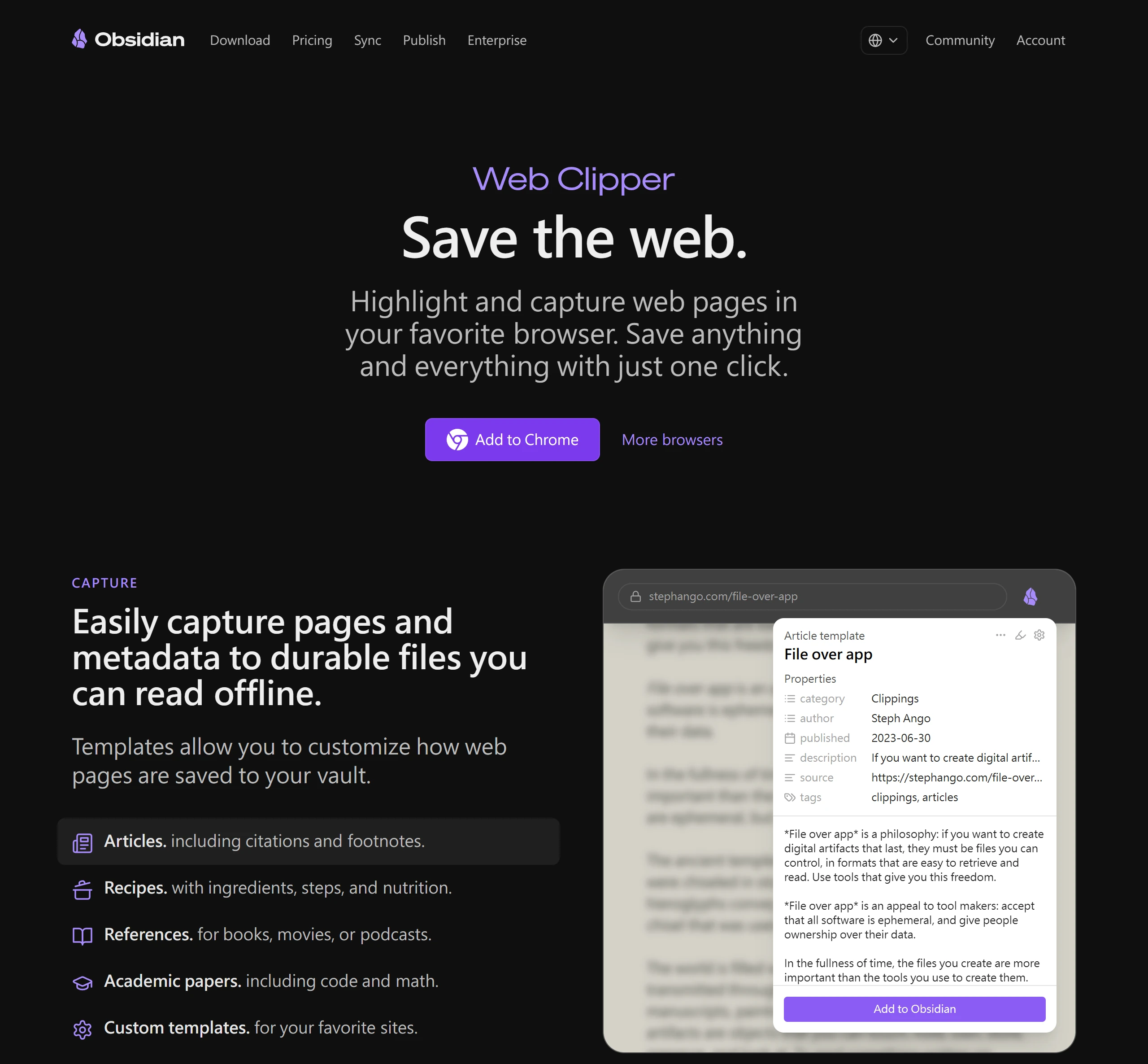 Obsidian Web Clipper 官方頁示範用範本把網頁內容與屬性擷取進 vault