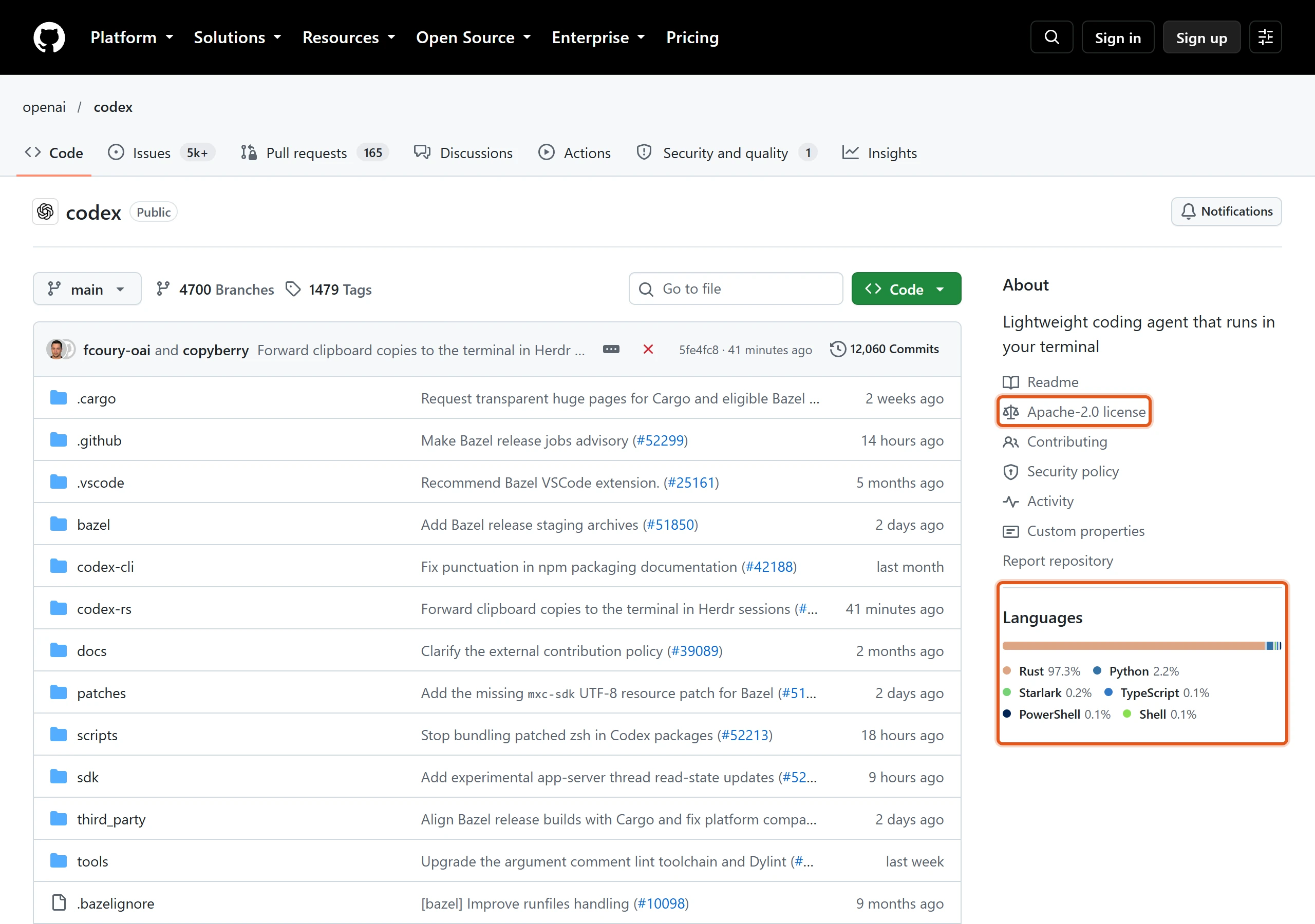 GitHub 上的 openai/codex 公開專案頁,側欄標示 Apache-2.0 授權,語言比例以 Rust 為主