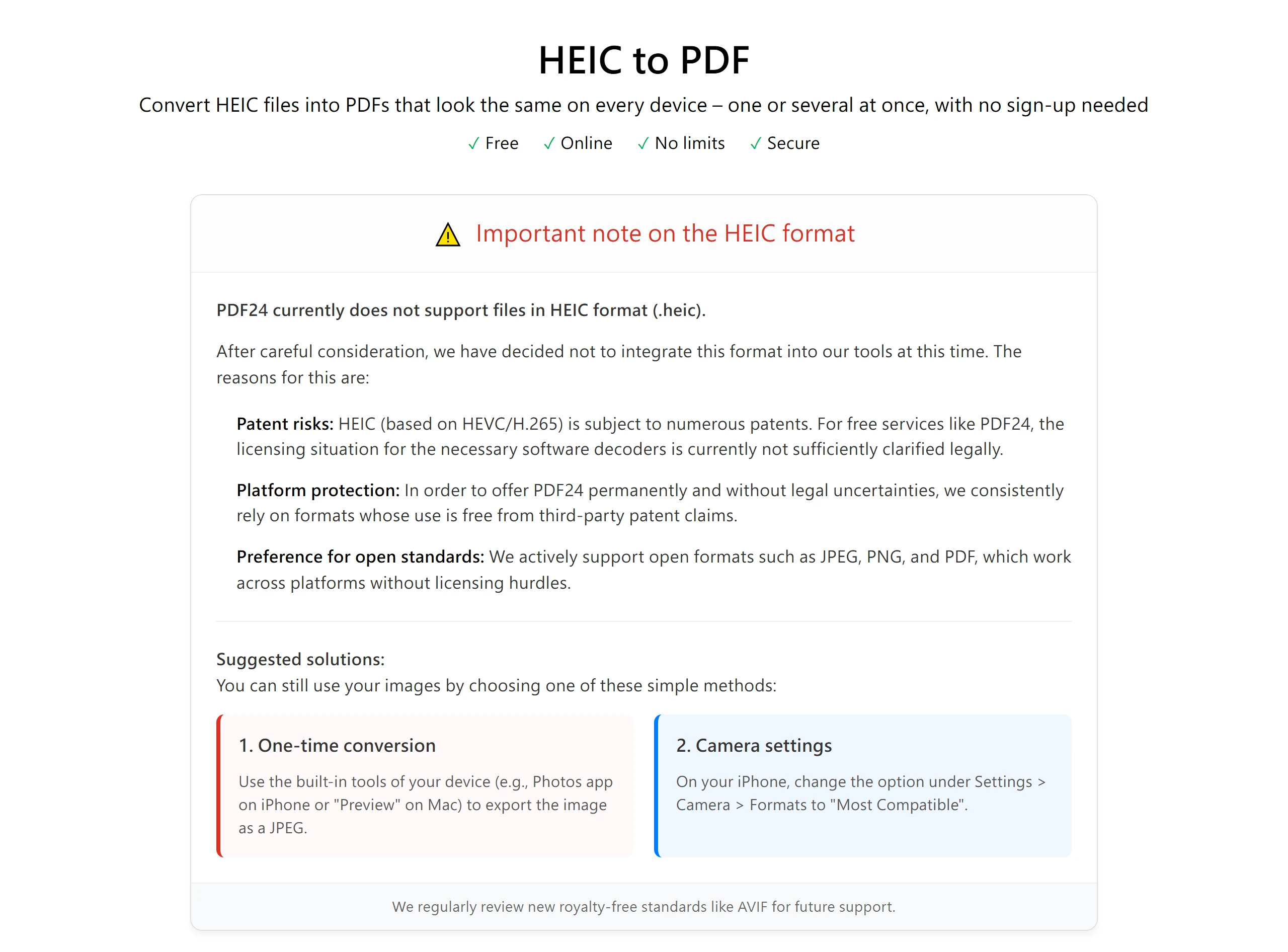 PDF24 Tools 的 HEIC 轉 PDF 頁面寫明目前不支援 HEIC 格式,並建議把 iPhone 相機格式改成最相容