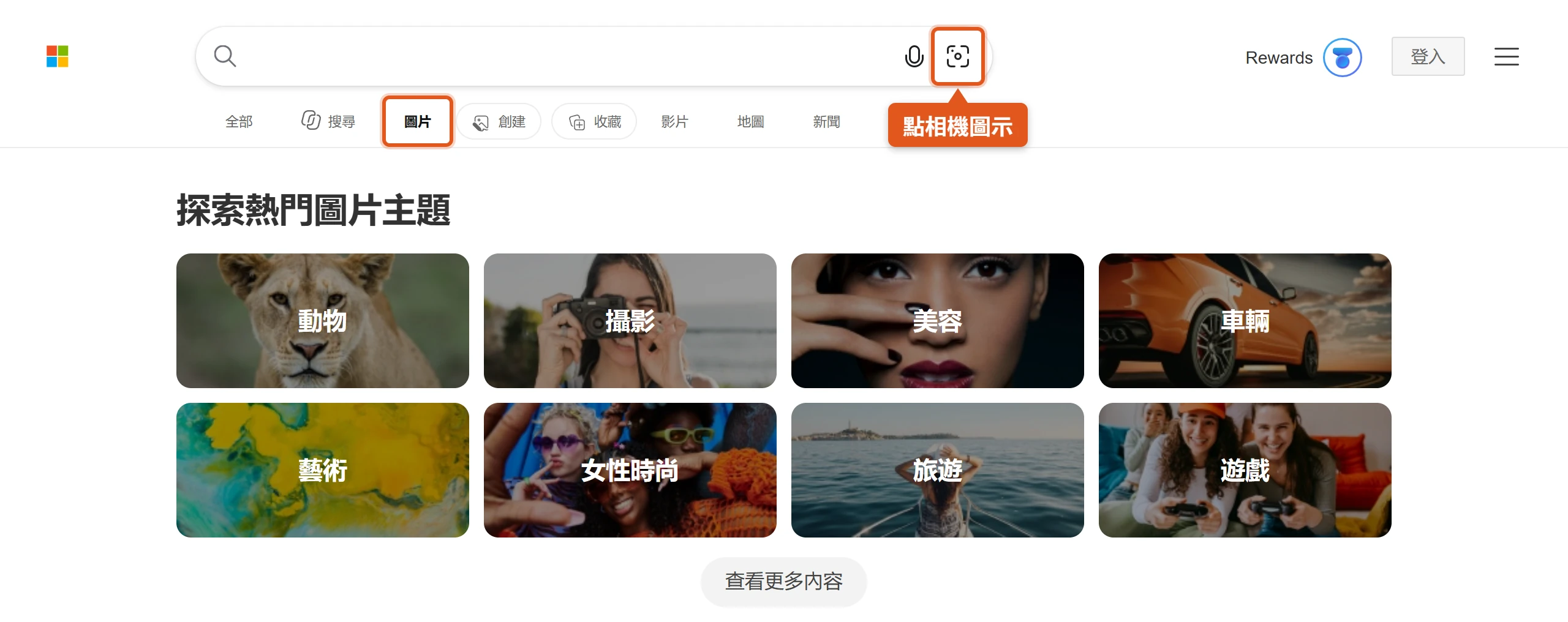 Bing 以圖搜圖要先切到圖片分頁,再點搜尋框右側的相機圖示