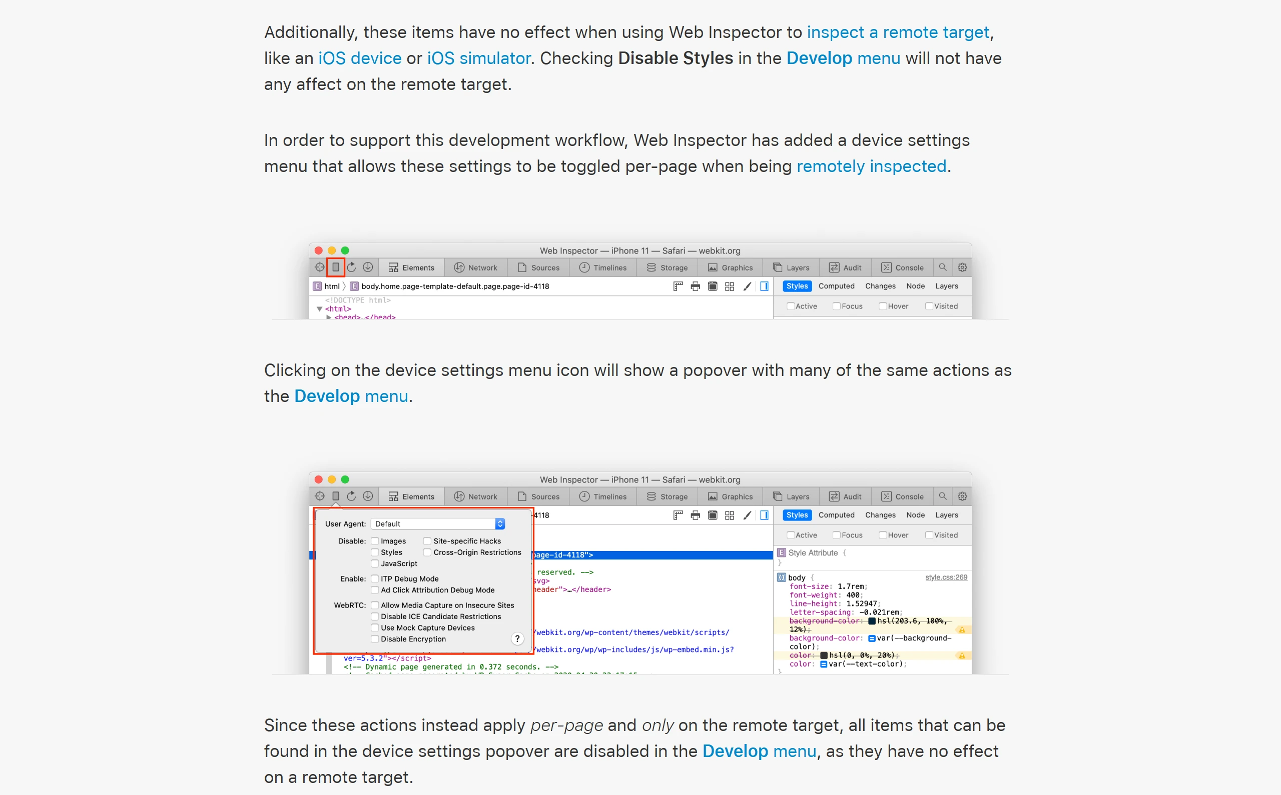 遠端檢查 iPhone 時 Web Inspector 的裝置設定選單,可切換 User Agent,並停用 Images、Styles、JavaScript 等項目