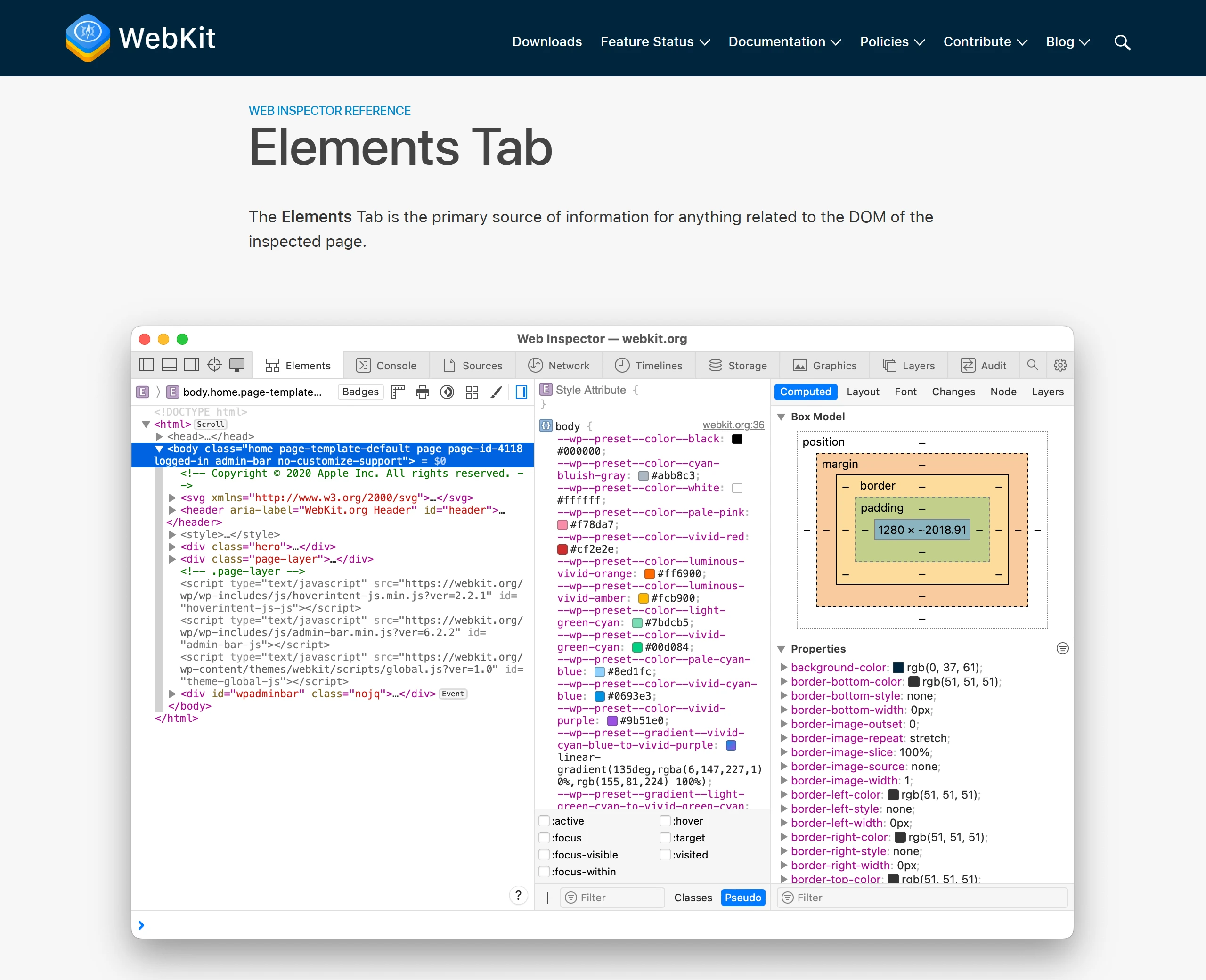 Safari Web Inspector 的 Elements 分頁:左側 DOM 樹、中間樣式規則,右側 Computed 面板畫出盒模型與計算後的屬性值