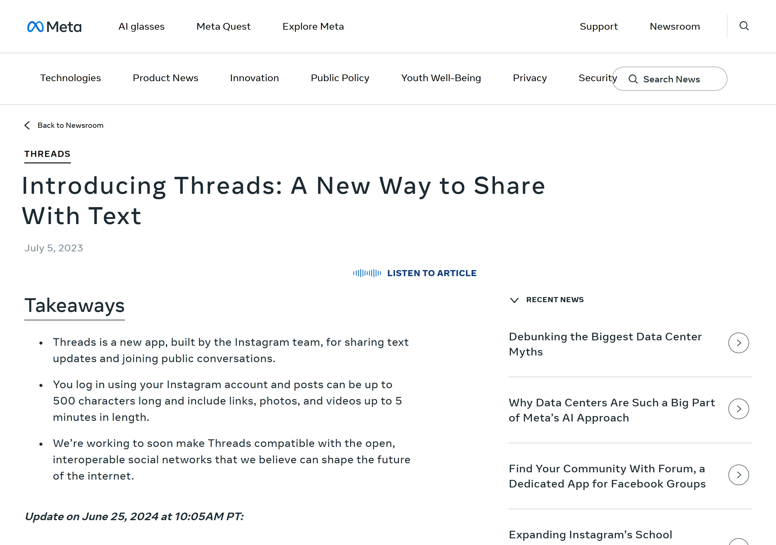 Meta Newsroom 在 2023 年 7 月 5 日發布 Threads 上線公告,重點寫明它由 Instagram 團隊打造、用來分享文字與加入公開對話