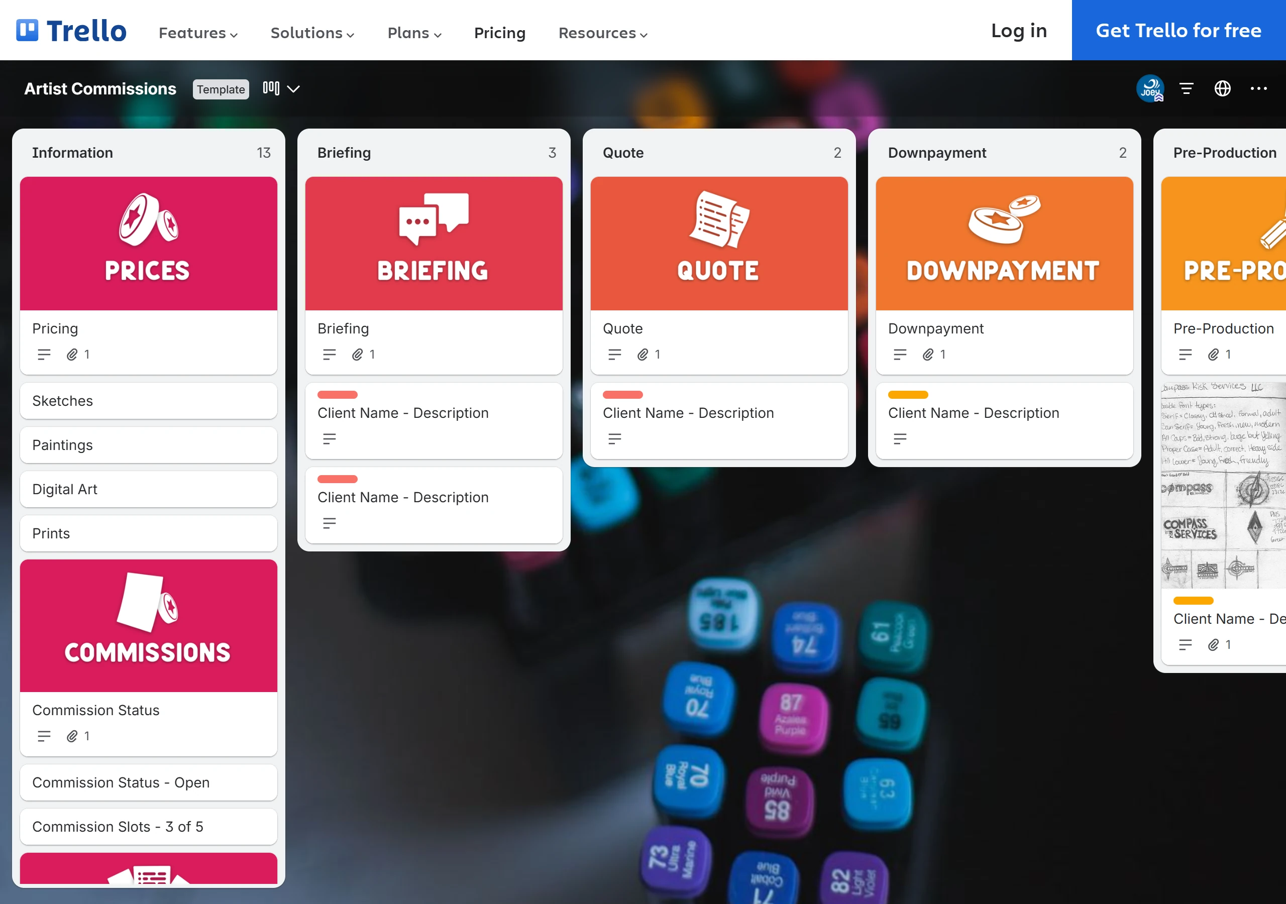Trello 公開範本 Artist Commissions 看板,Briefing、Quote、Downpayment 等列表裡每筆委託一張「Client Name - Description」卡片