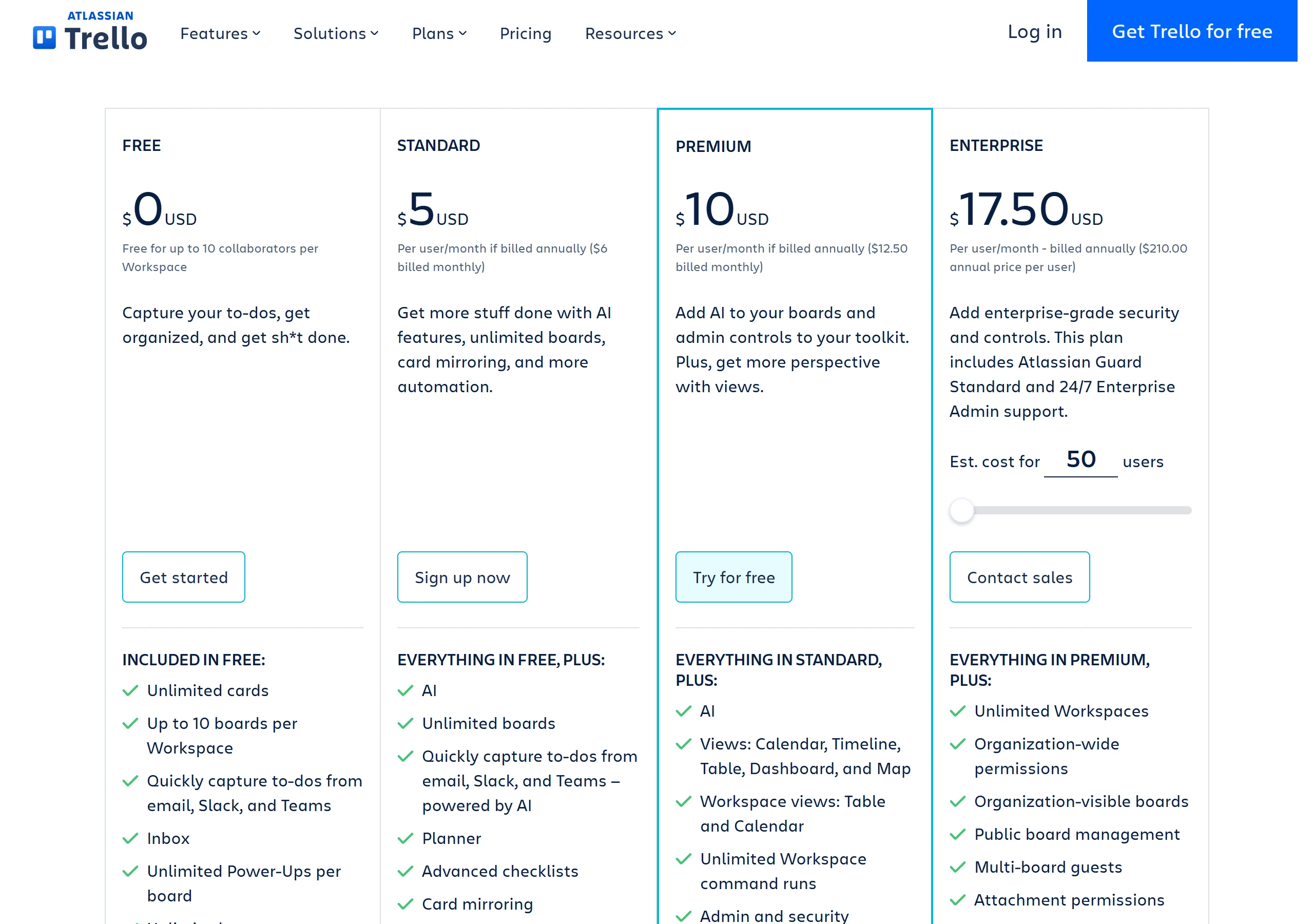 Trello 方案頁顯示 Free 0 美元、Standard 年繳每人每月 5 美元、Premium 年繳每人每月 10 美元