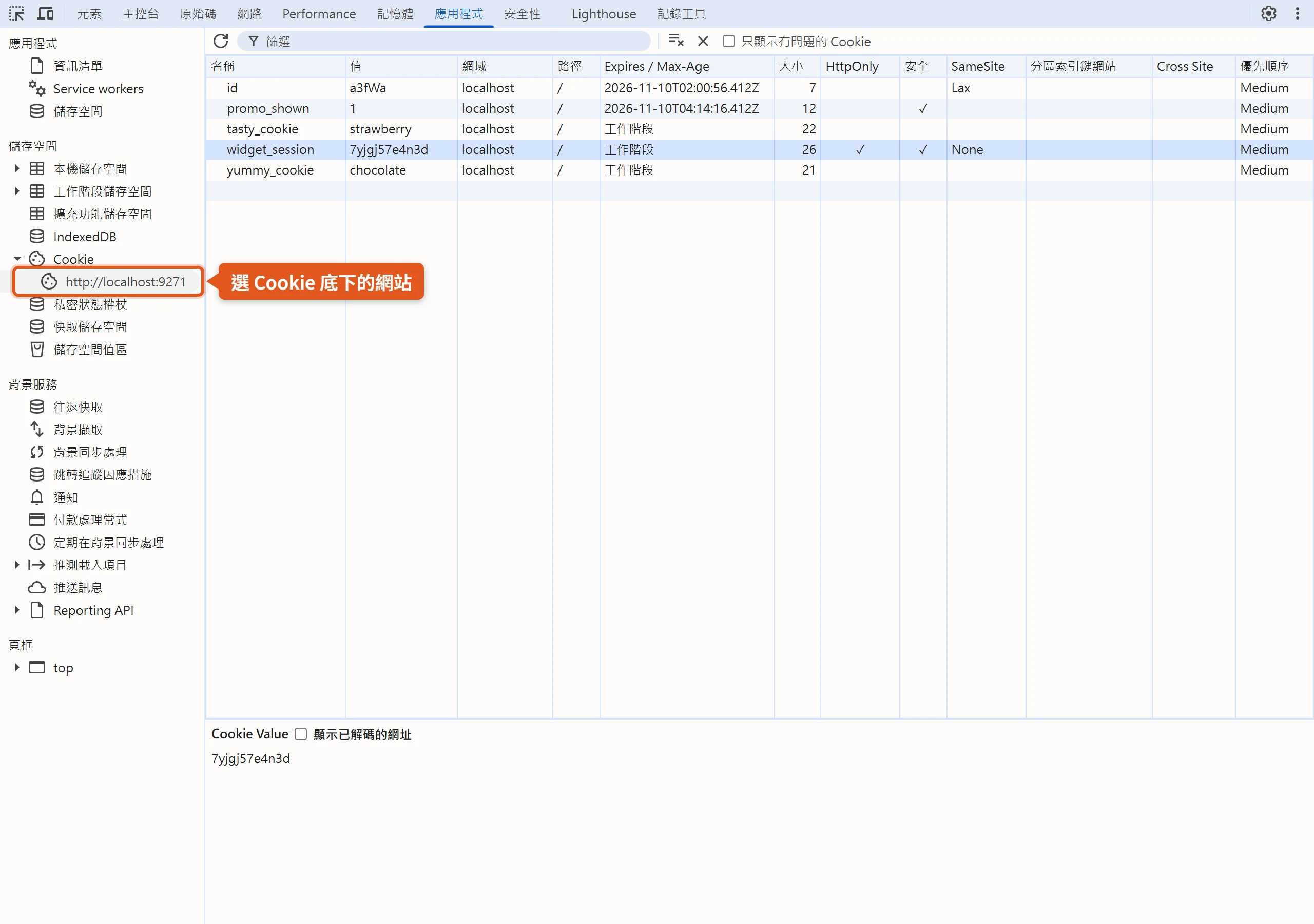 Chrome DevTools 應用程式面板的 Cookie 表格,逐欄列出名稱、值、網域、路徑、到期、大小、HttpOnly、安全與 SameSite